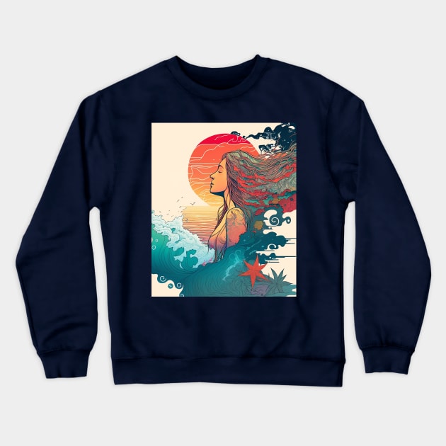 Ocean Waves And Girl With A Smiley Face, Hippie Style Crewneck Sweatshirt by i am Cuta